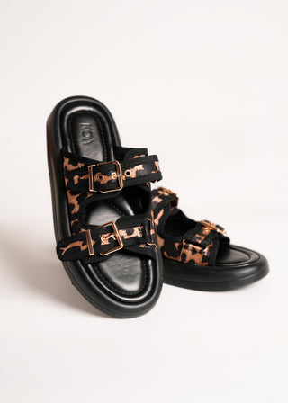 Black sandals with gold accents on a white background