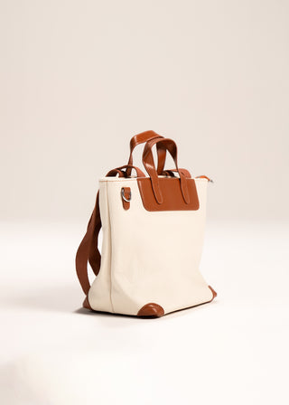 WHITE CANVAS TOTE WITH TAN LEATHER DETAILS