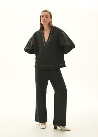 Basic Linen Blend Blouse with contrasting Top Stitches