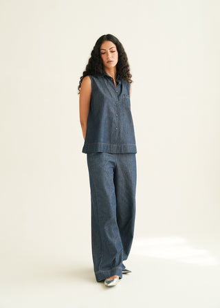 Sleeveless Denim Shirt in Dark Indigo Wash