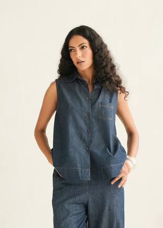 Sleeveless Denim Shirt in Dark Indigo Wash