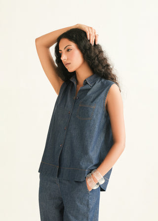 Sleeveless Denim Shirt in Dark Indigo Wash