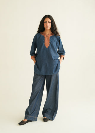 Long Embroidered Shirt in Denim