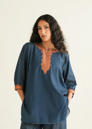 Long Embroidered Shirt in Denim