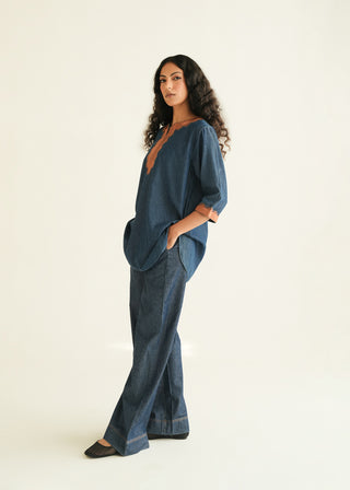 Long Embroidered Shirt in Denim