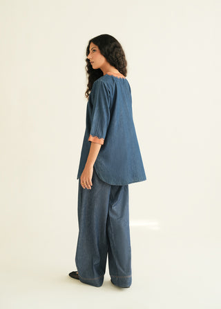 Long Embroidered Shirt in Denim