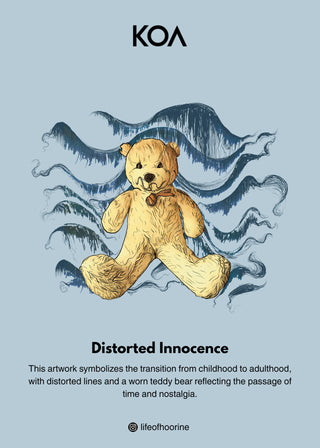T-Shirt – Distorted Innocence by Hoorine Javed – WS25-213 for Women – Art Board 01 Collection | KOA | Shop Online.
Artwork of a teddy bear with distorted lines on a light blue background, featuring the brand 'KOA'.