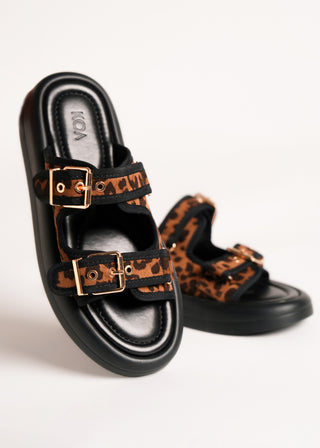 Animal print buckled slides
