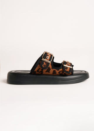 Animal print buckled slides