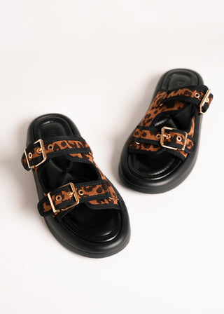 Animal print buckled slides