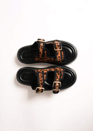 Animal print buckled slides