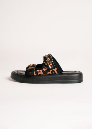 Animal print buckled slides