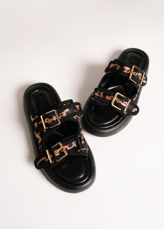 Animal print buckled slides