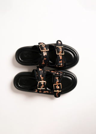 Animal print buckled slides