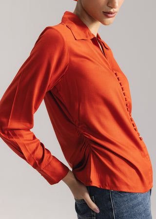 Button Down Shirt with Gathers at Waist- WS26-84