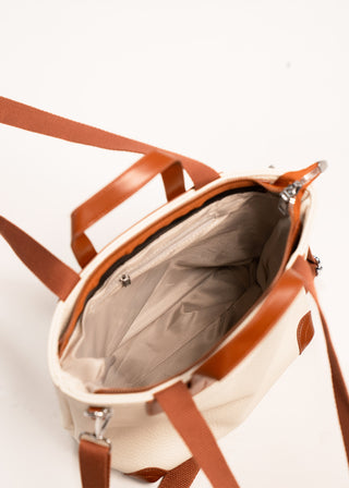 WHITE CANVAS TOTE WITH TAN LEATHER DETAILS