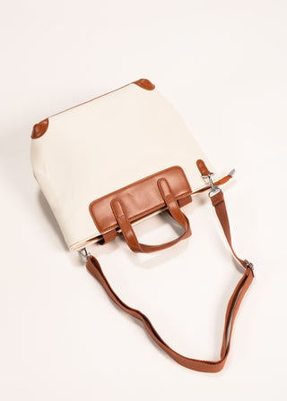 WHITE CANVAS TOTE WITH TAN LEATHER DETAILS