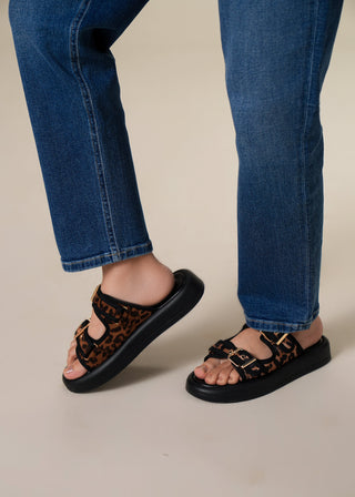 Animal print buckled slides