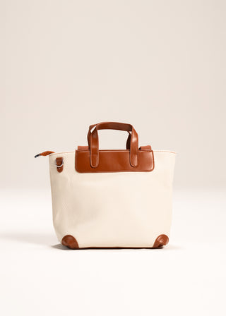 WHITE CANVAS TOTE WITH TAN LEATHER DETAILS