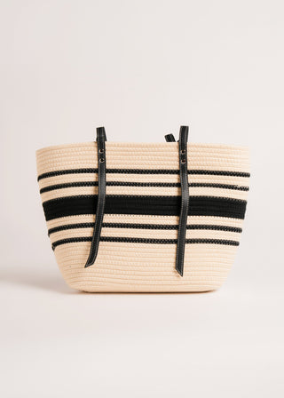 STRIPED WOVEN TOTE WITH CONTRASTING STRAPS