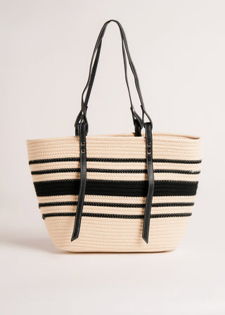 STRIPED WOVEN TOTE WITH CONTRASTING STRAPS