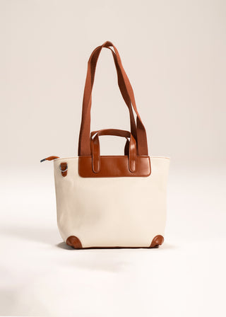 WHITE CANVAS TOTE WITH TAN LEATHER DETAILS