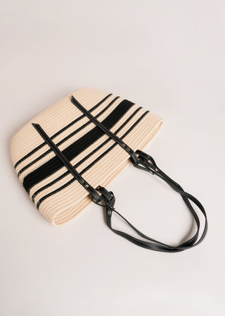 STRIPED WOVEN TOTE WITH CONTRASTING STRAPS