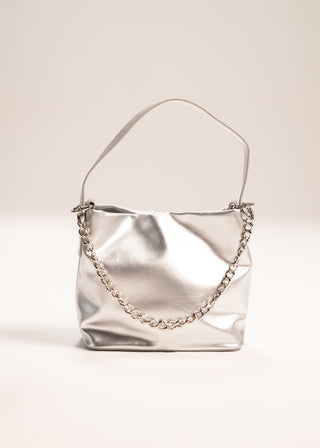 Metallic shoulder bag with chain