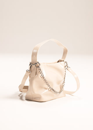 Metallic shoulder bag with chain