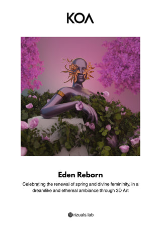 T-Shirt – Eden Reborn by Riza Qureshi – WS25-214 for Women – Art Board 01 Collection | KOA | Shop Online.
Artistic depiction of a figure with floral elements on a pink background, featuring the brand 'KOA'.