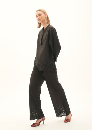 Wide-leg Cotton Trouser with Schiffli Embroidery