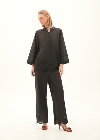 Wide-leg Cotton Trouser with Schiffli Embroidery