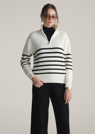 Funnel Neck Half Zip Striped Sweater