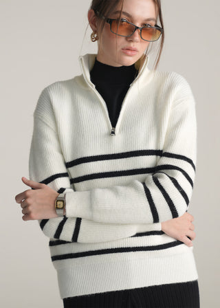 Funnel Neck Half Zip Striped Sweater