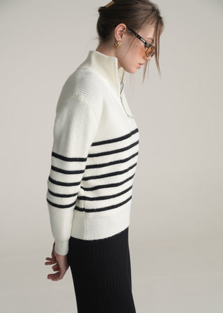 Funnel Neck Half Zip Striped Sweater