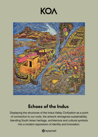 T-Shirt – Echoes of the Indus by Saniah Umer – WS25-217 for Women – Art Board 01 Collection | KOA | Shop Online.
Artwork titled 'Echoes of the Indus' by Koa, featuring a stylized map with colorful buildings and natural elements.