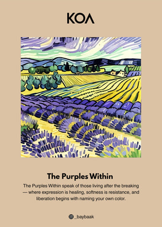 T-Shirt – The Purples Within by Ariba Choudhary – WS25-216 for Women – Art Board 01 Collection | KOA | Shop Online.
Artistic depiction of a landscape with lavender fields and rolling hills, featuring the brand 'KOA'.